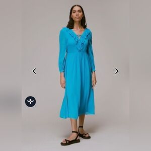 Whistles Brand Women's Ruffled V-Neck Midi Dress in Bright Turquoise Size S